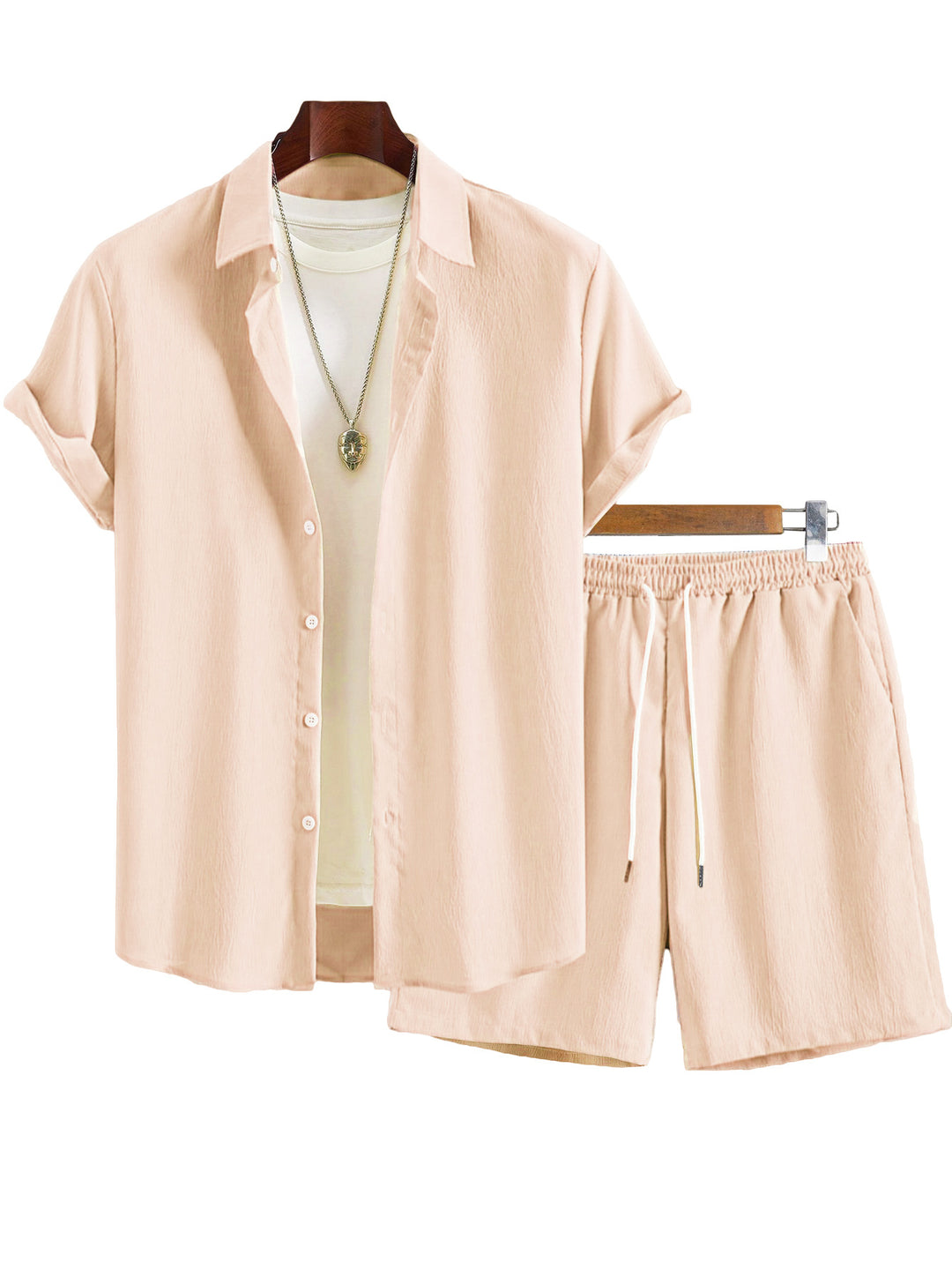 Men's Crinkle Lounge Set with Open Lapel Shirt, Integrated Short Sleeve T-Shirt, and Drawstring Bermuda StylebySassy