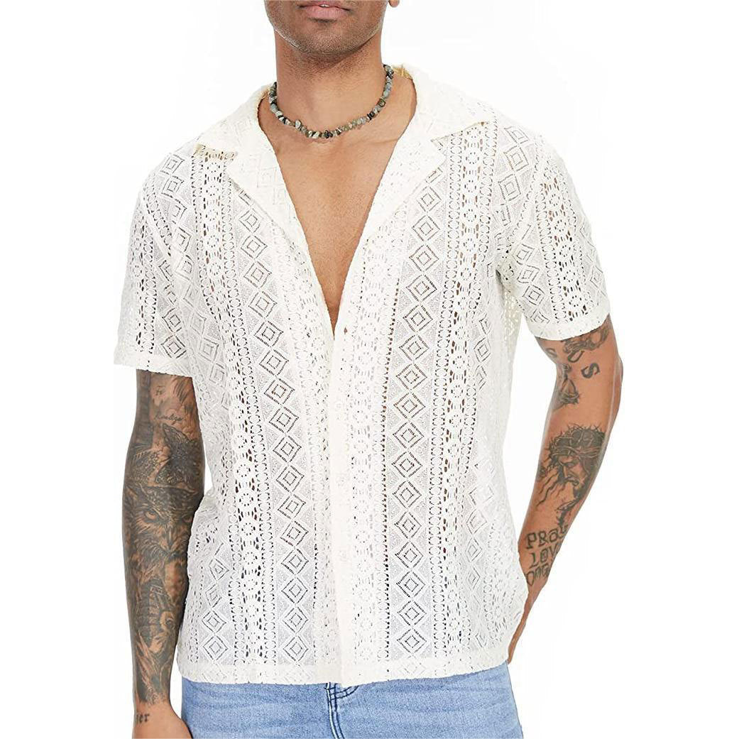 Men's airy crochet knit polo with open V-neck and Kent collar StylebySassy