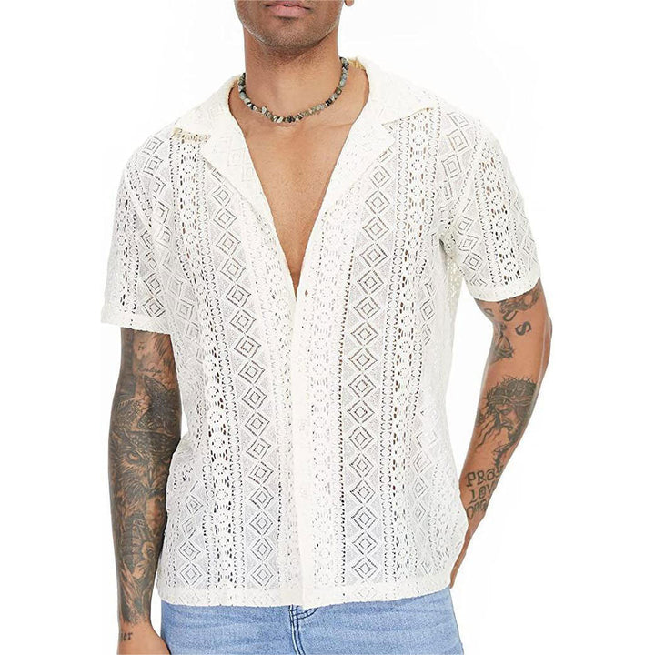 Men's airy crochet knit polo with open V-neck and Kent collar StylebySassy