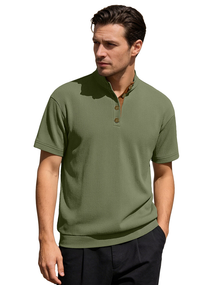 Men's Waffle Structure Short Sleeve Henley with Stand-Up Collar and Decorative Button Placket StylebySassy