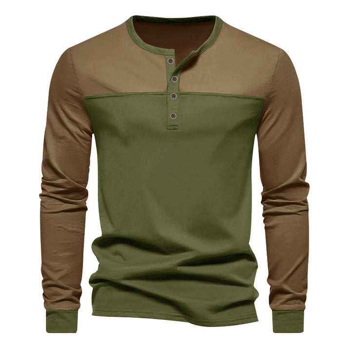 Men's long-sleeved Henley shirt with contrasting yoke, short button placket, and ribbed cuffs StylebySassy