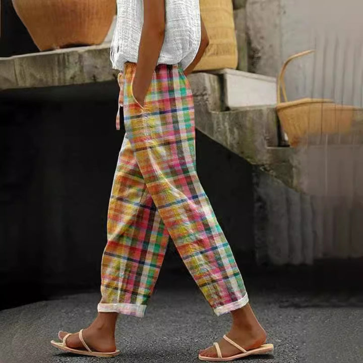 Women's checked linen trousers in palazzo cut with elastic tunnel drawstring waistband and rolled ankle hem StylebySassy