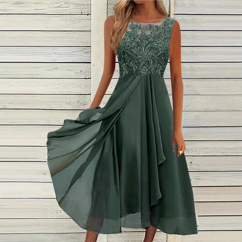Women's sleeveless chiffon midi dress with embroidered illusion lace, boat neckline, and multilayer flared skirt StylebySassy