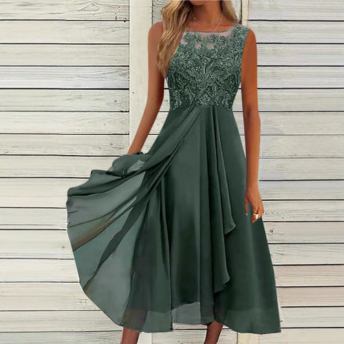 Women's sleeveless chiffon midi dress with embroidered illusion lace, boat neckline, and multilayer flared skirt StylebySassy