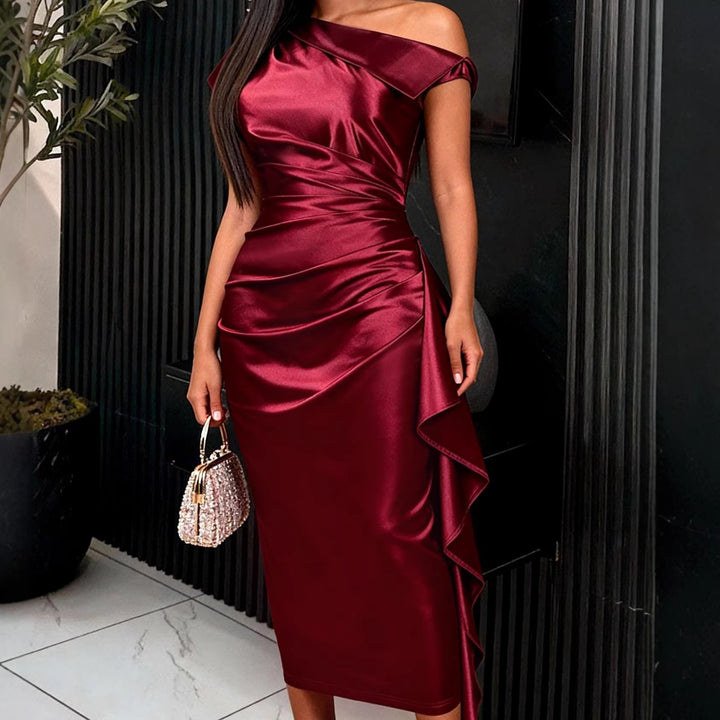 Ladies elegant satin evening dress with asymmetrical ruffled details StylebySassy