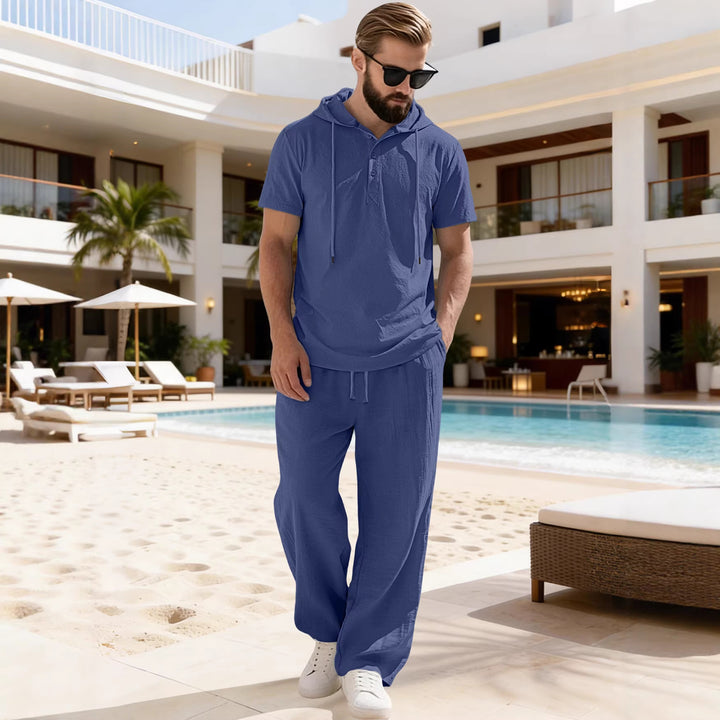 Men's casual short-sleeve hooded shirt in crinkled cotton blend with Henley button placket StylebySassy
