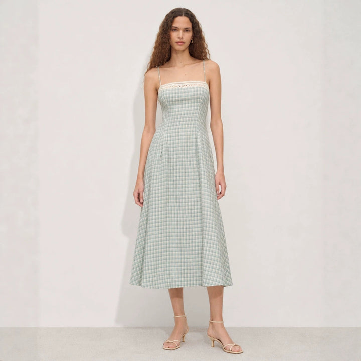 Women's Vintage-inspired Midi Dress with Slim Spaghetti Straps, Lace Insert and Flared Skirt StylebySassy