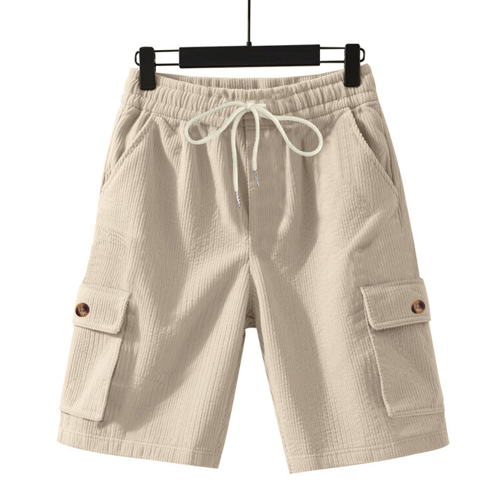Men's cord cargo shorts with elastic drawstring waistband, patch cargo pockets, and soft cotton blend StylebySassy