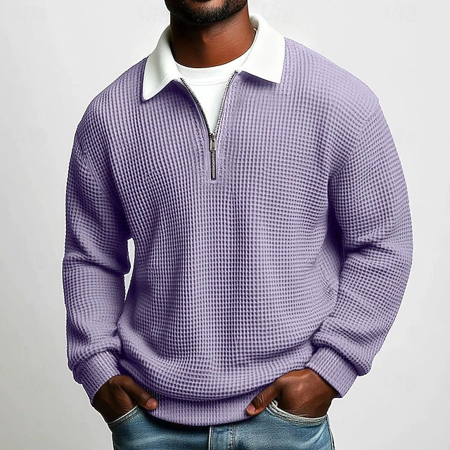 Men's structured waffle knit pullover with polo collar and short zipper StylebySassy