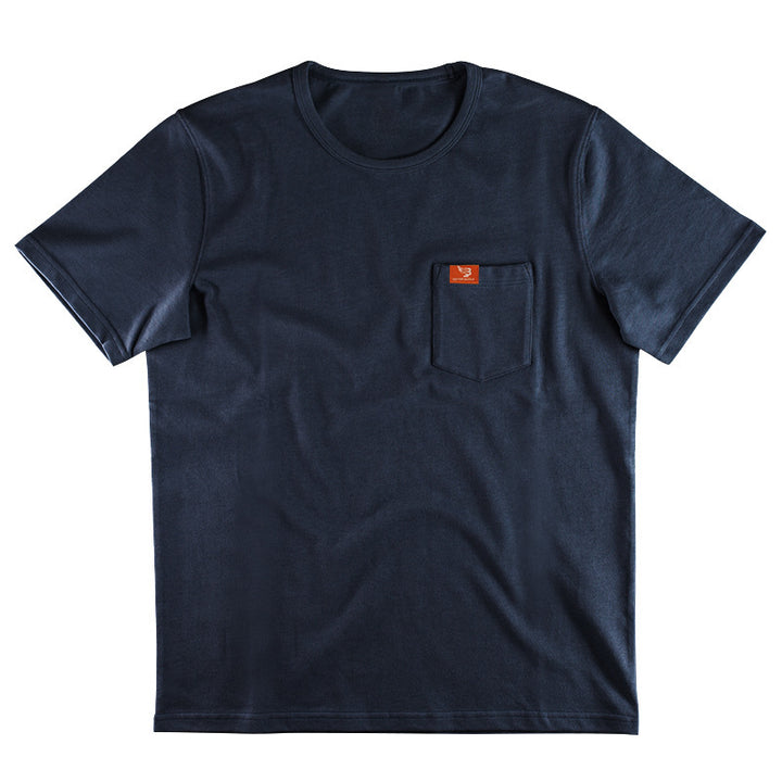 Men's single jersey short-sleeve shirt with patch chest pocket, reinforced seams, and round neckline StylebySassy