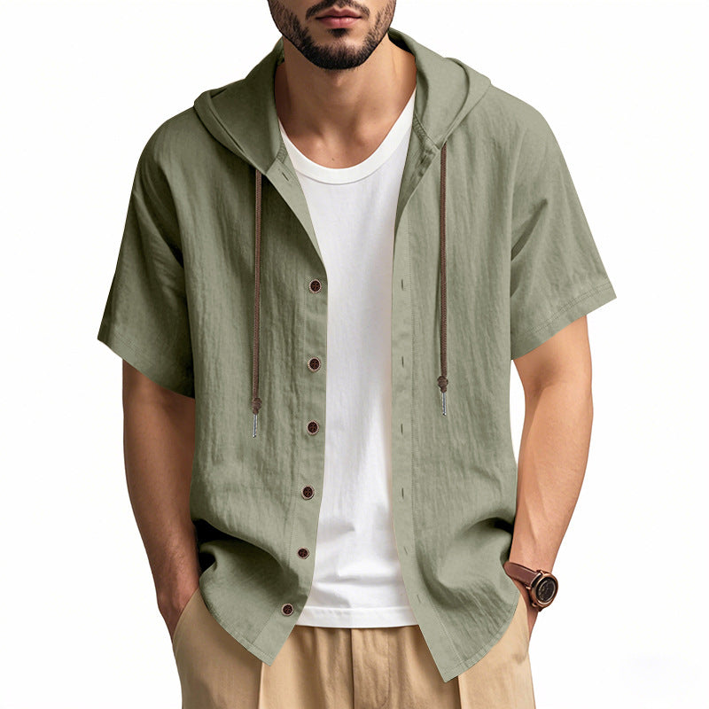Men's breathable short sleeve hoodie made of linen blend with wooden button placket and drawstring StylebySassy