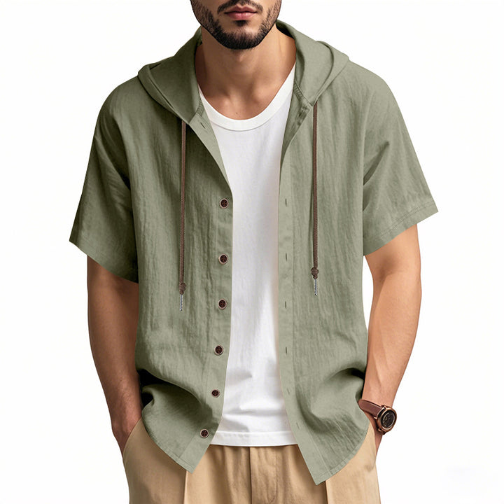 Men's breathable short sleeve hoodie made of linen blend with wooden button placket and drawstring StylebySassy
