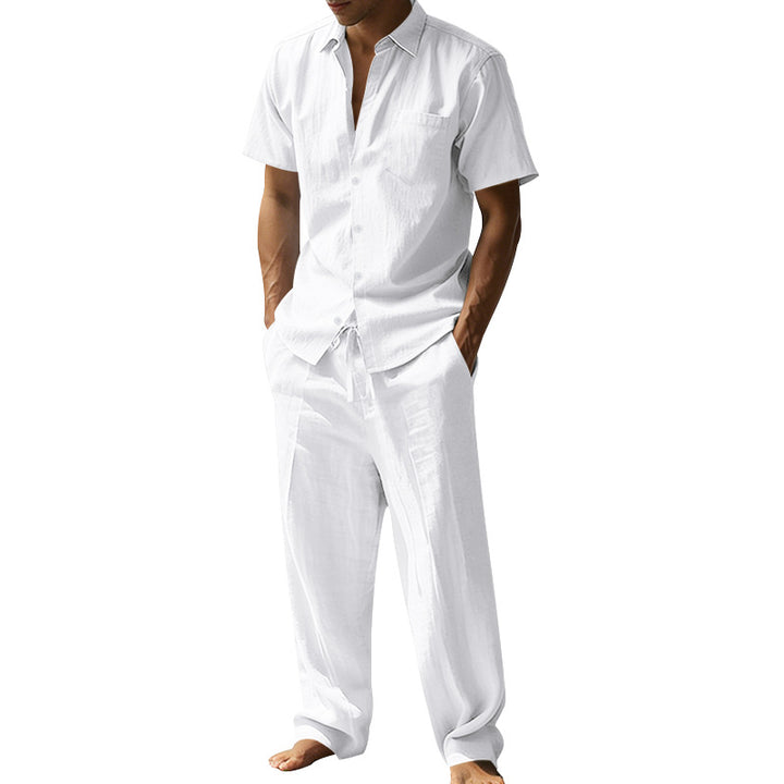 Men's resort-appropriate short-sleeve shirt with chest pocket and casual linen drawstring pants StylebySassy