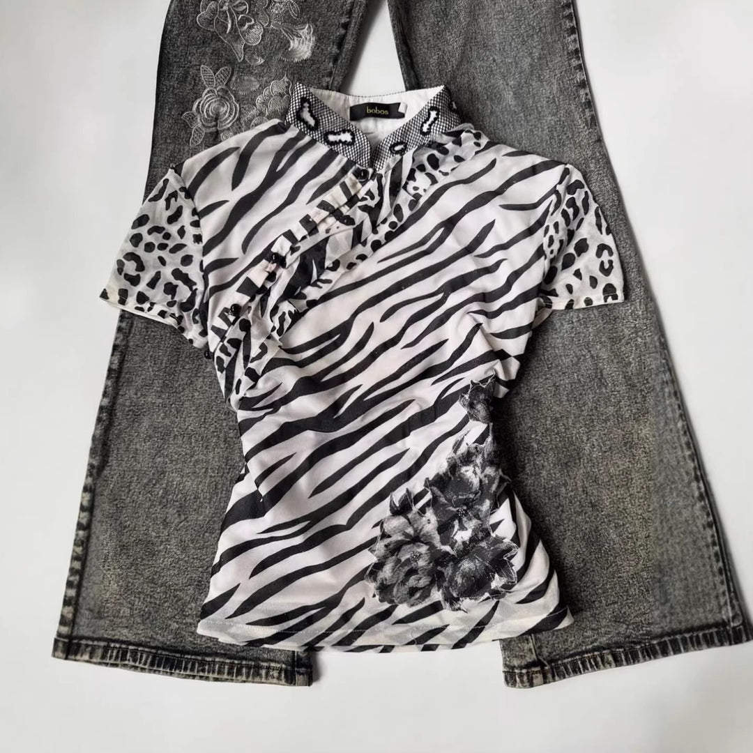 Ladies fashionable T-shirt with animal pattern and decorative collar StylebySassy