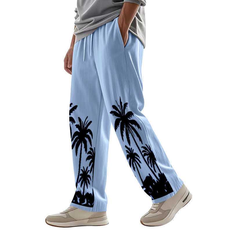 Men's wide leisure pants made of cotton-linen blend with palm print, elastic waistband and drawstring StylebySassy
