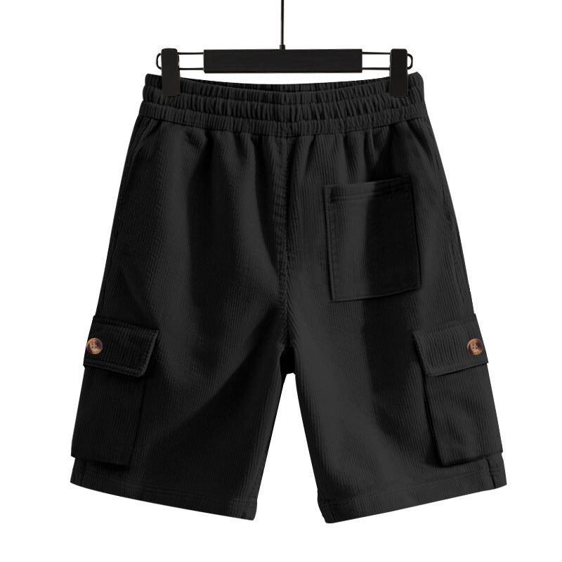 Men's cord cargo shorts with elastic drawstring waistband, patch cargo pockets, and soft cotton blend StylebySassy