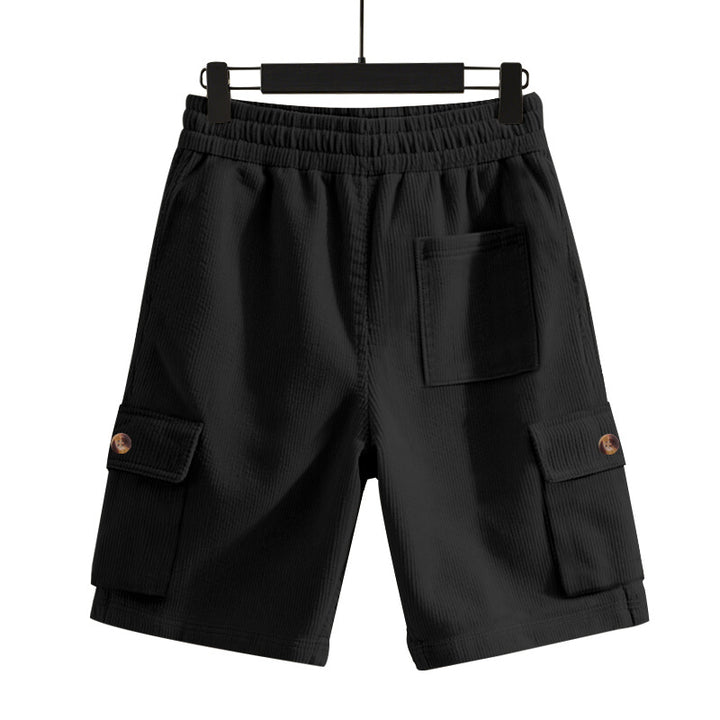 Men's cord cargo shorts with elastic drawstring waistband, patch cargo pockets, and soft cotton blend StylebySassy