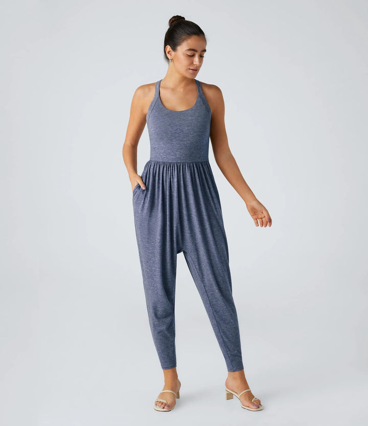 Women's casual jersey jumpsuit with racerback, smocked waist and side pockets StylebySassy