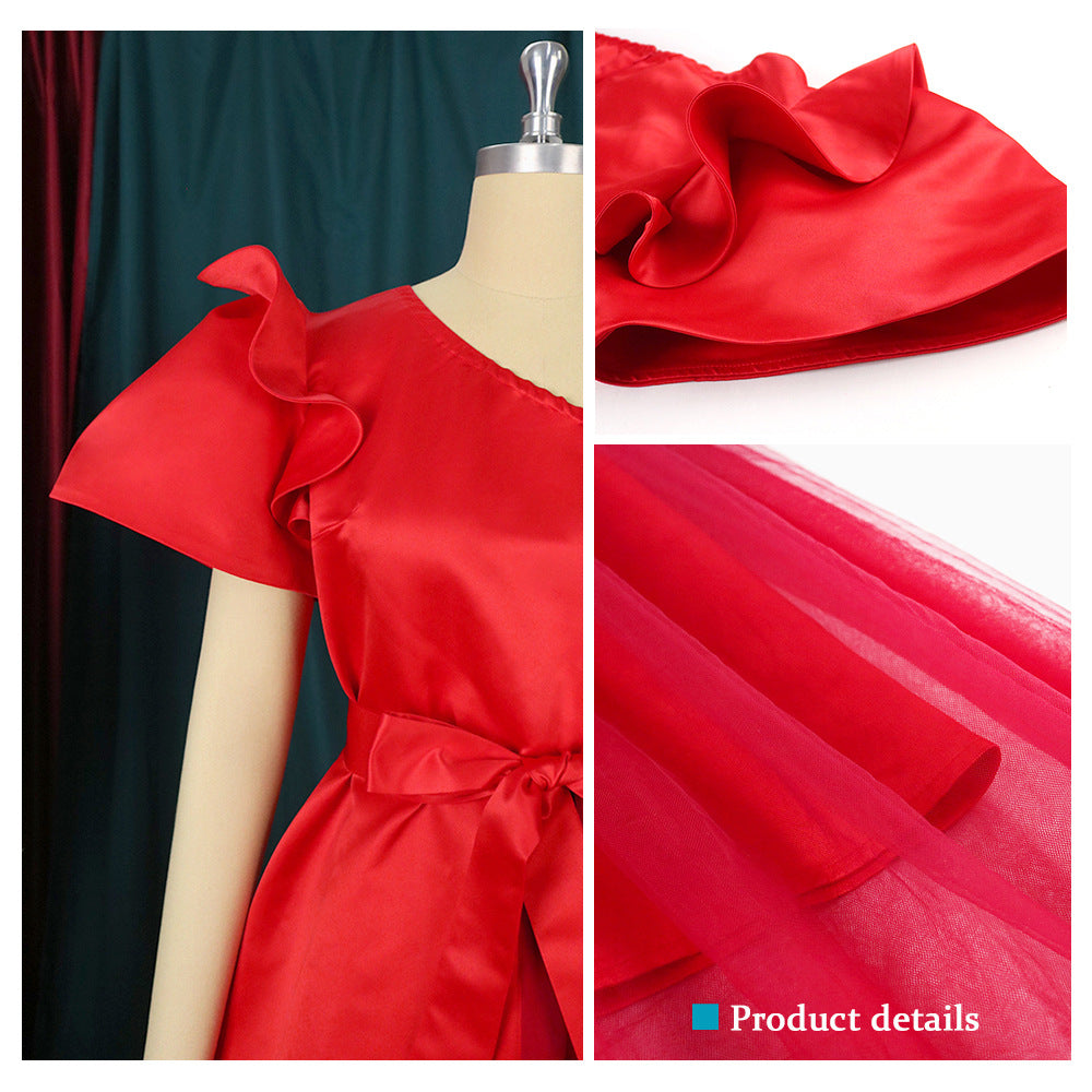 Women asymmetrical cocktail dress with ruffle and waist lacing StylebySassy