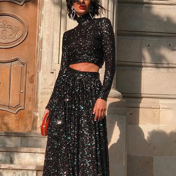 Women two-piece sequin evening set with high-neck crop top and flowing maxi skirt StylebySassy