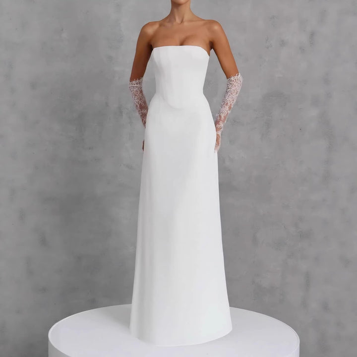 Ladies Elegant Wedding Dress with Off-Shoulder Design and Lace Sleeves StylebySassy