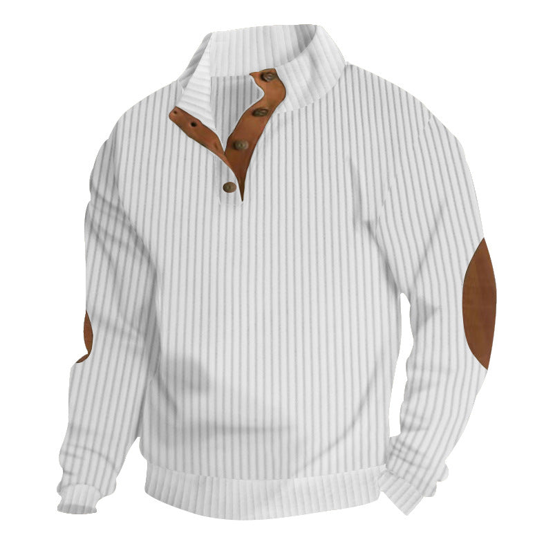 Men's structured ribbed pullover with short button collar and suede elbow patches StylebySassy
