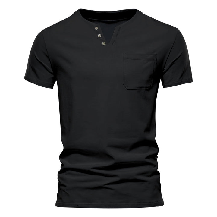 Men's tailored short sleeve Henley shirt with chest pocket and asymmetrical button placket StylebySassy