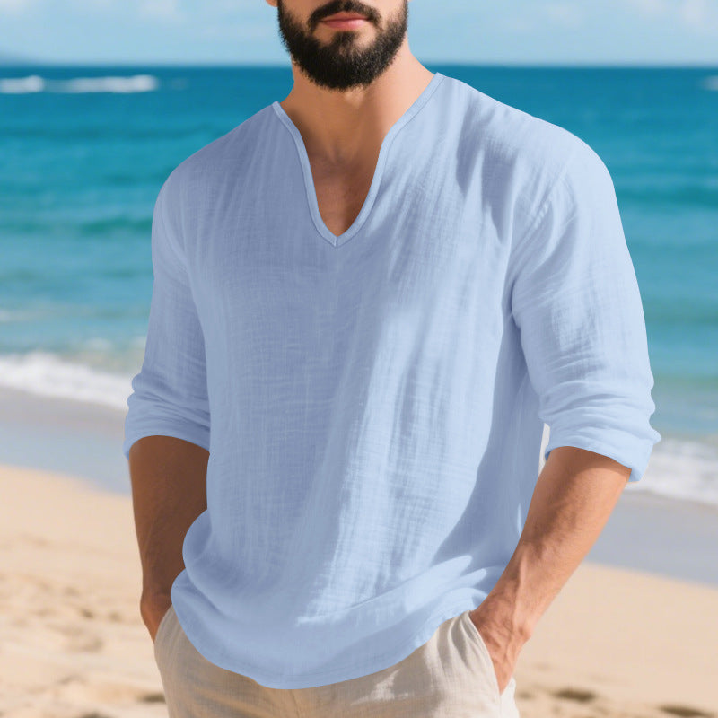 Men's lightweight linen V-neck shirt with a loose fit and roll-up sleeves StylebySassy
