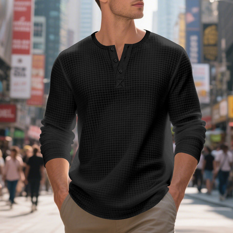 Men's nano thermoregulating waffle thermal shirt with short button placket and rounded hem StylebySassy