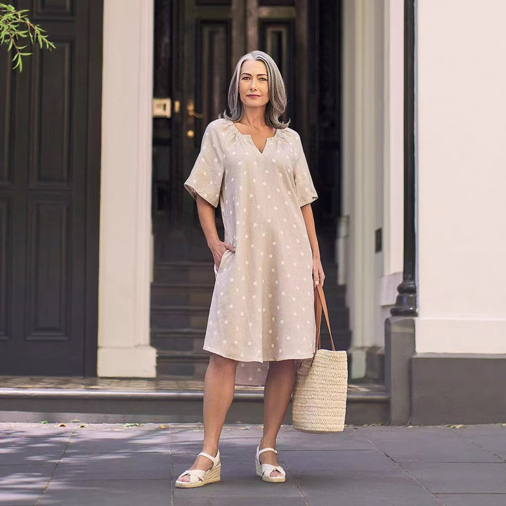 Ladies casual A-line linen look dress with V-neck, gathered shoulder area and side pockets StylebySassy