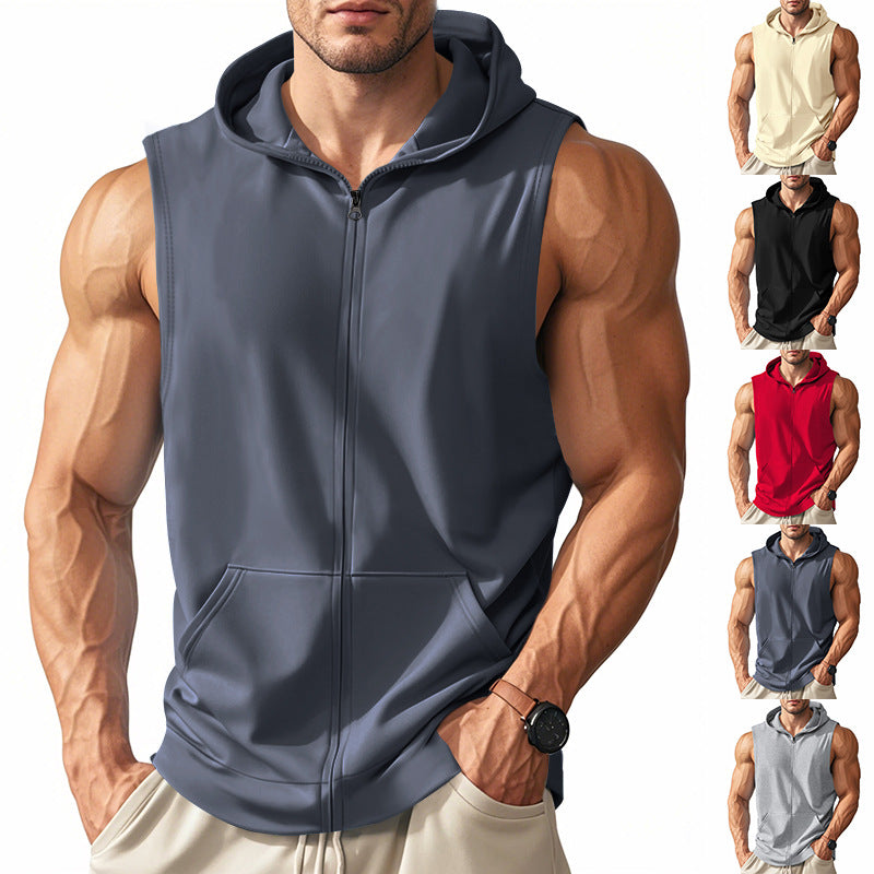 Men's muscle-fit training hoodie vest with zipper and kangaroo pocket StylebySassy
