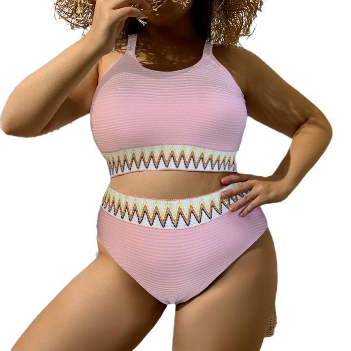 Ladies Sporty Two-Piece Swimsuit with Unique Cut-Out Design and Colorful Banner Pattern StylebySassy