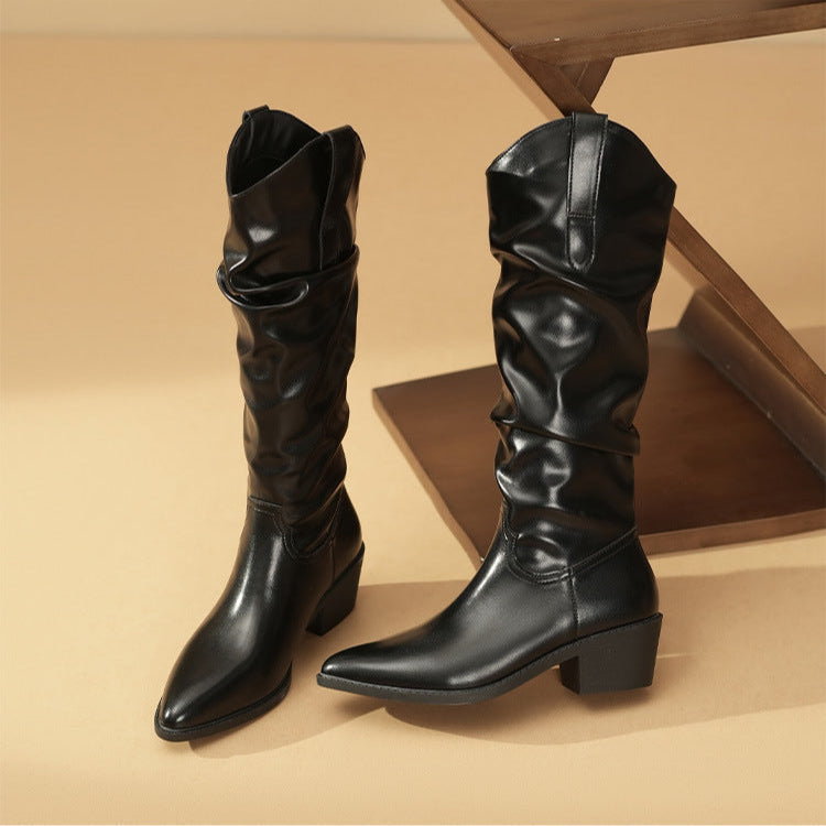 Women's Slouchy Mid-Calf Boots with Gathered Detail