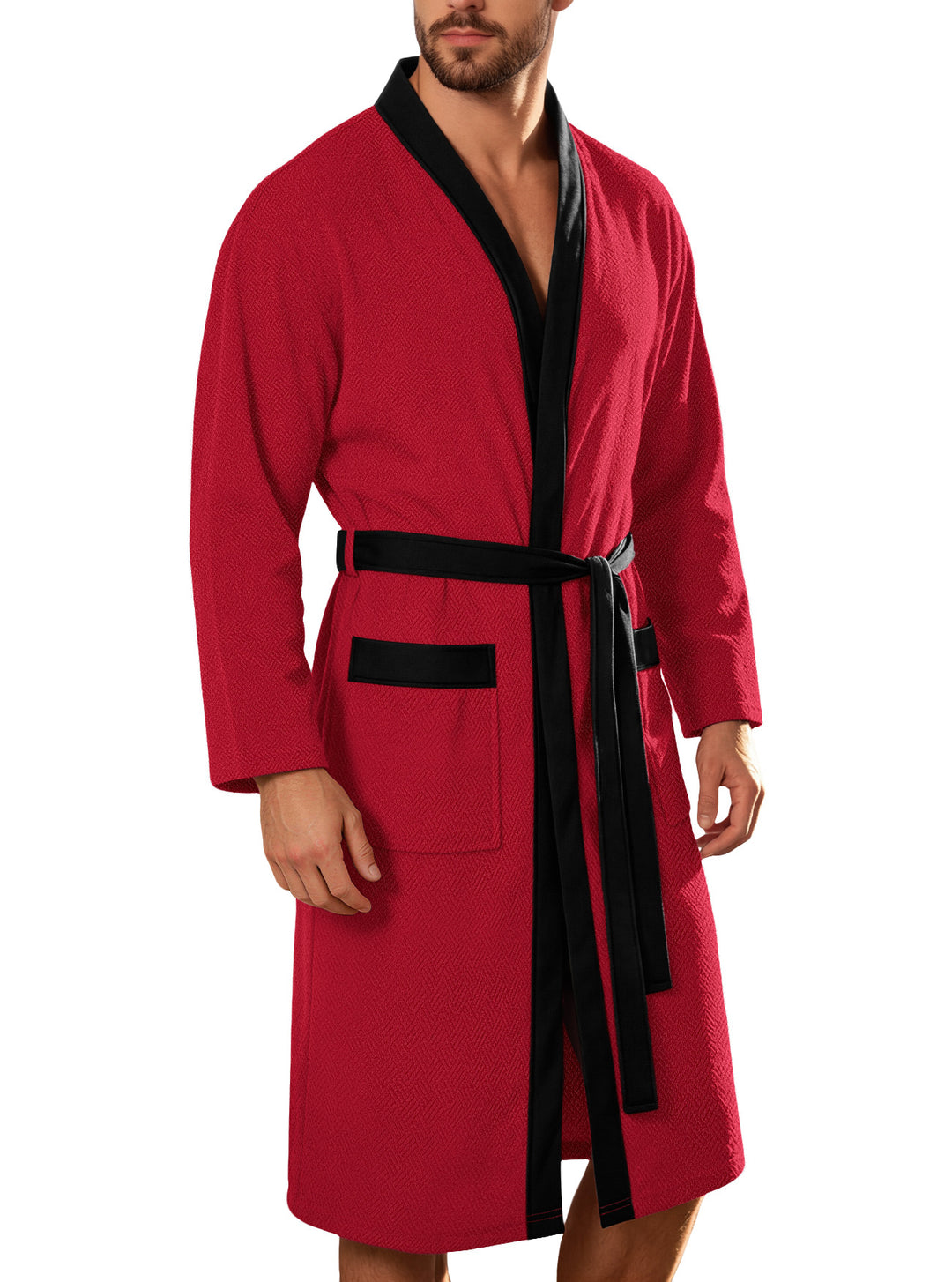 Men's lightweight cotton kimono bathrobe with waffle texture and patch pockets StylebySassy