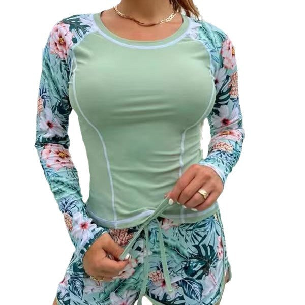 Ladies Sporty Long Sleeve Swim Top with Floral Design and Shorts StylebySassy