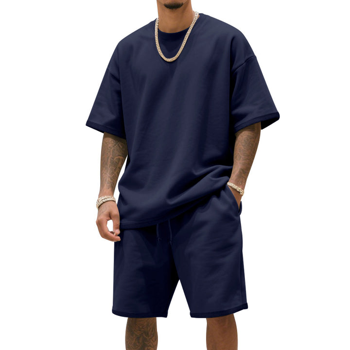 Men's relaxed jersey set with extended round neck t-shirt and elastic drawstring shorts StylebySassy