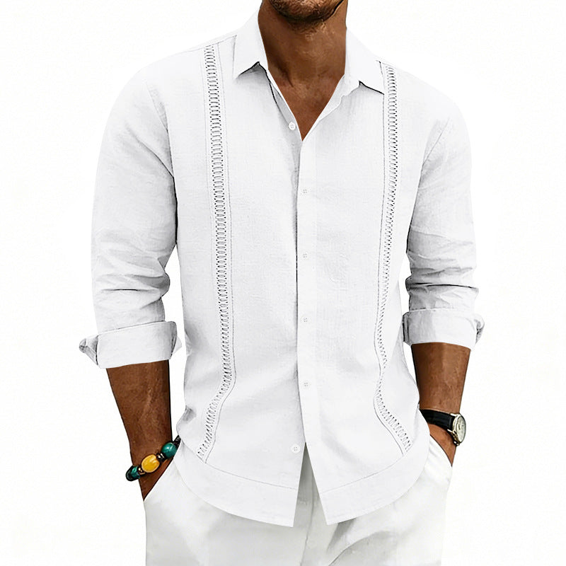 Men's casual linen blend shirt with vertical decorative stripes, Kent collar and relaxed fit StylebySassy