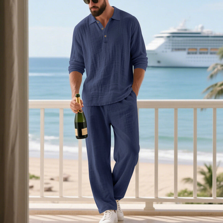 Men's relaxed cotton muslin resort set with polo collar button placket and wide comfort waistband StylebySassy