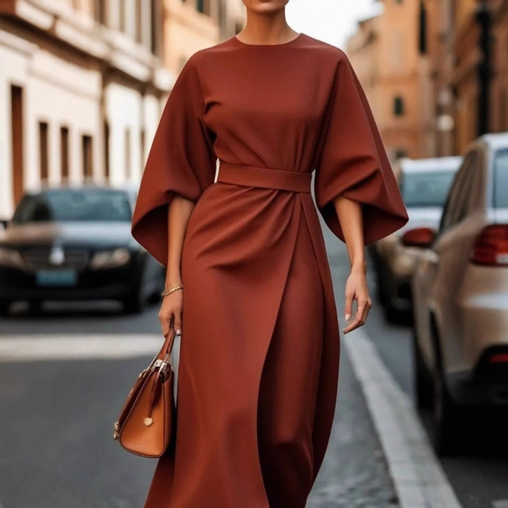Ladies' elegant midi dress with kimono sleeves, draped wrap look and waist belt StylebySassy