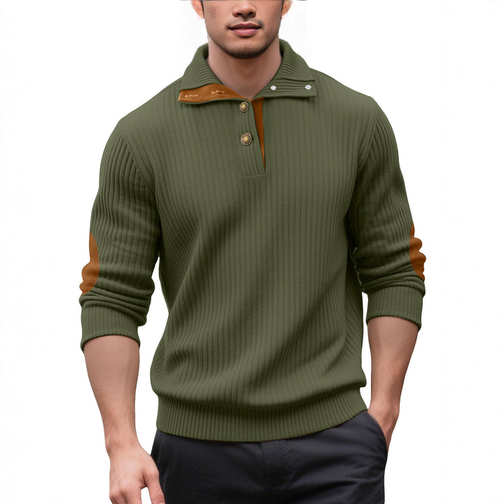 Men's ribbed half-button pullover with Kent collar and leather trim StylebySassy