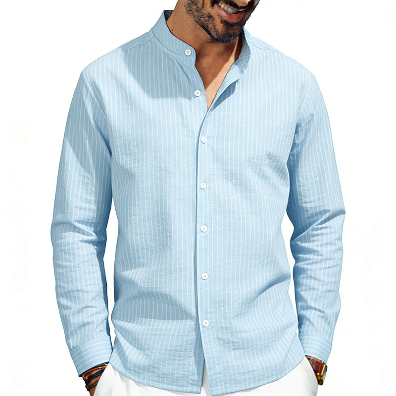 Men's striped stand-up collar shirt made of linen-cotton blend with button placket StylebySassy