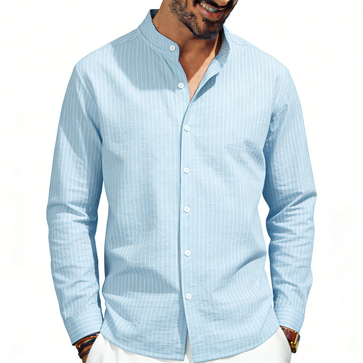Men's striped stand-up collar shirt made of linen-cotton blend with button placket StylebySassy