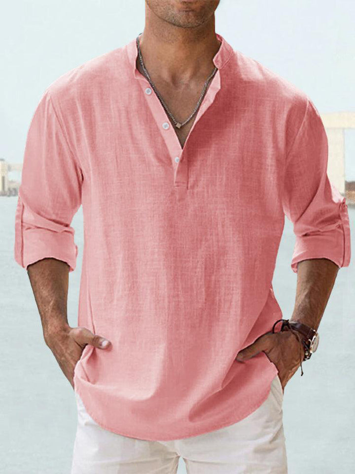 Men's nan casual linen henley shirt with stand-up collar, roll-up sleeves, and rounded hem StylebySassy