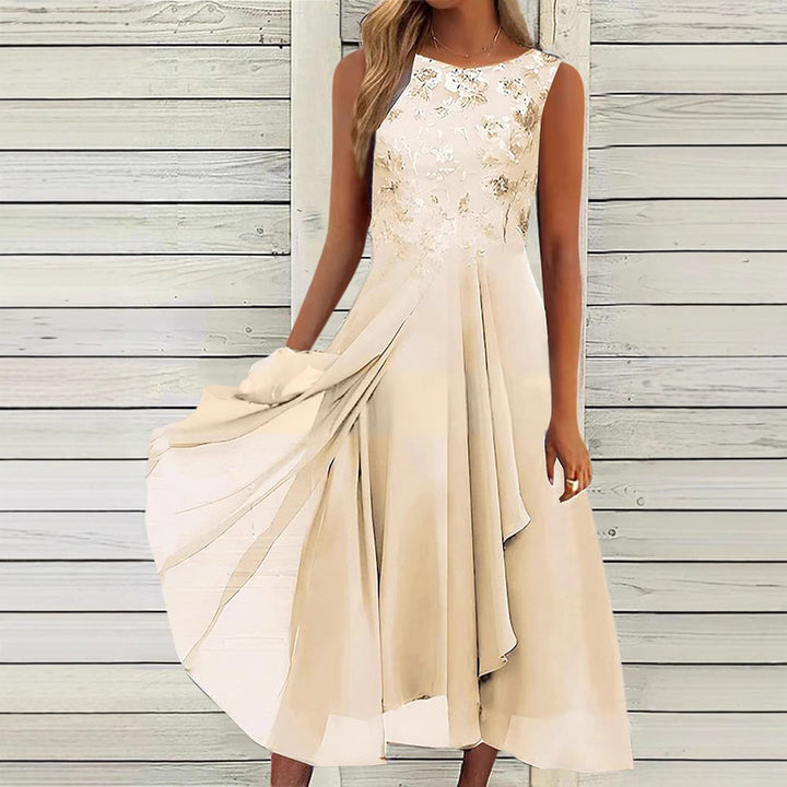 Women’s sleeveless chiffon midi dress with embroidered bodice and asymmetric layered skirt StylebySassy