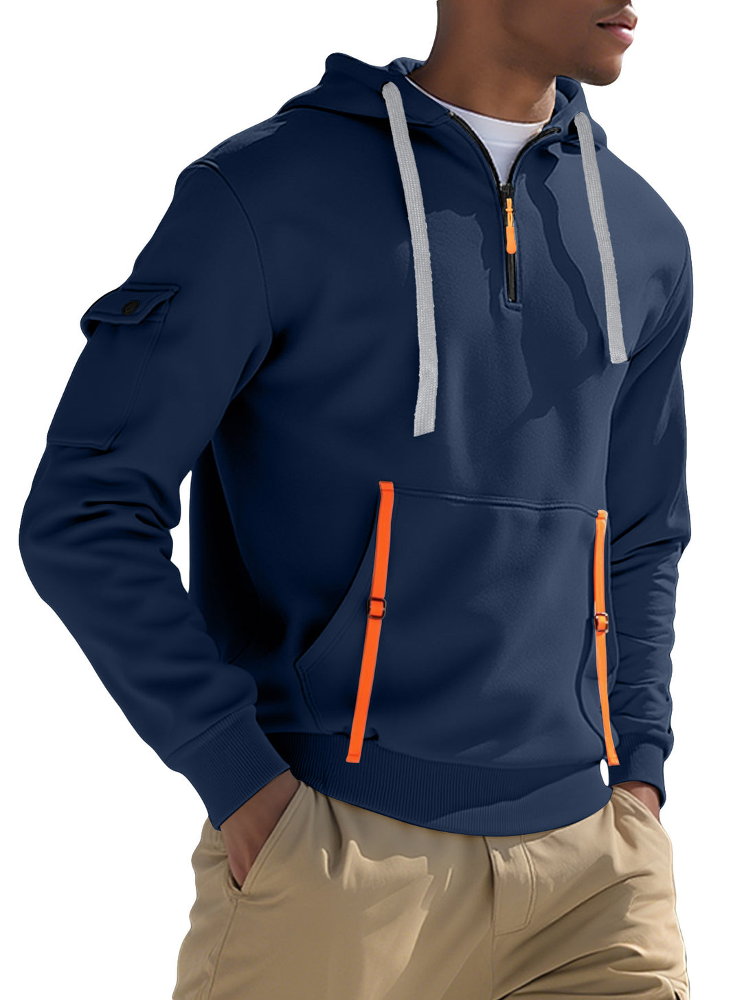 Men's Nano Urban Tech Hooded Half-Zip Pullover with Utility Arm Pocket, Kangaroo Pocket, and Adjustable Zipper Tapes StylebySassy