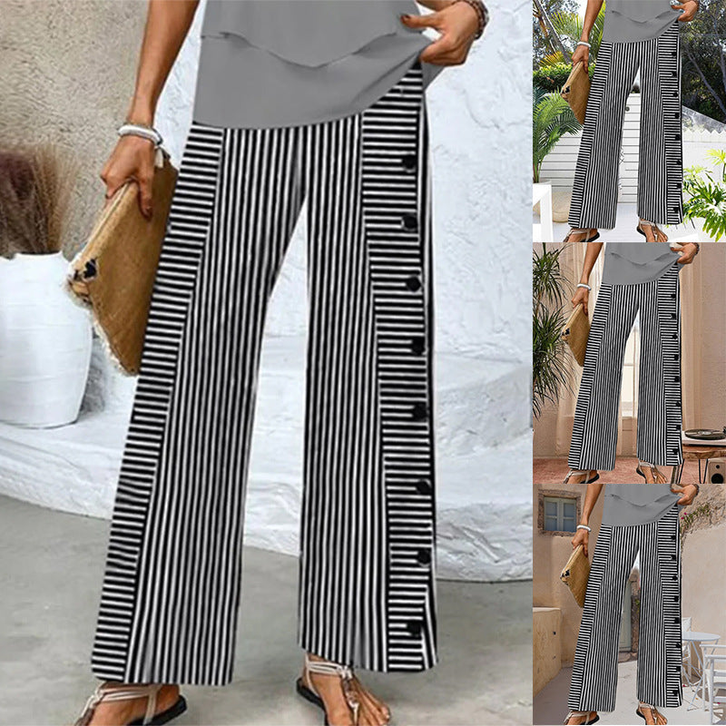 Ladies' wide Palazzo pants with vertical pinstripe look and side button placket StylebySassy