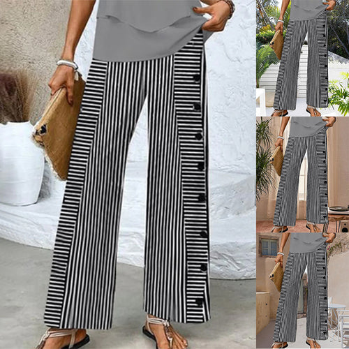 Ladies' wide Palazzo pants with vertical pinstripe look and side button placket StylebySassy