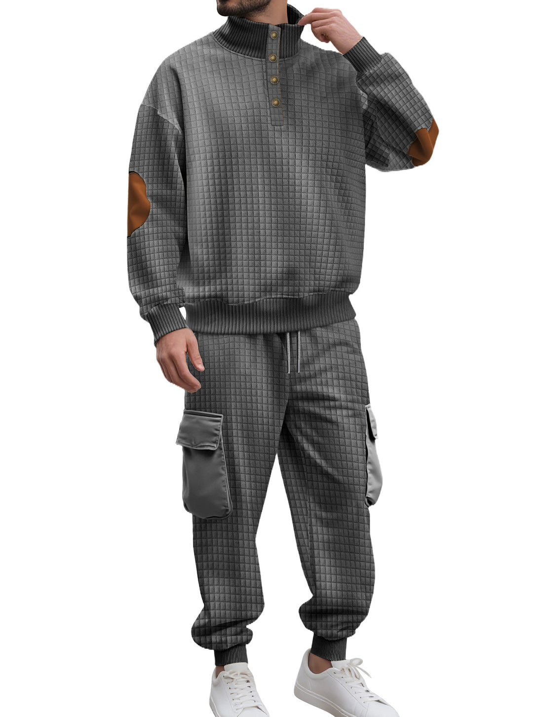 Men's check relief sweat set with stand collar button placket, velour elbow patches and cargo jogger StylebySassy