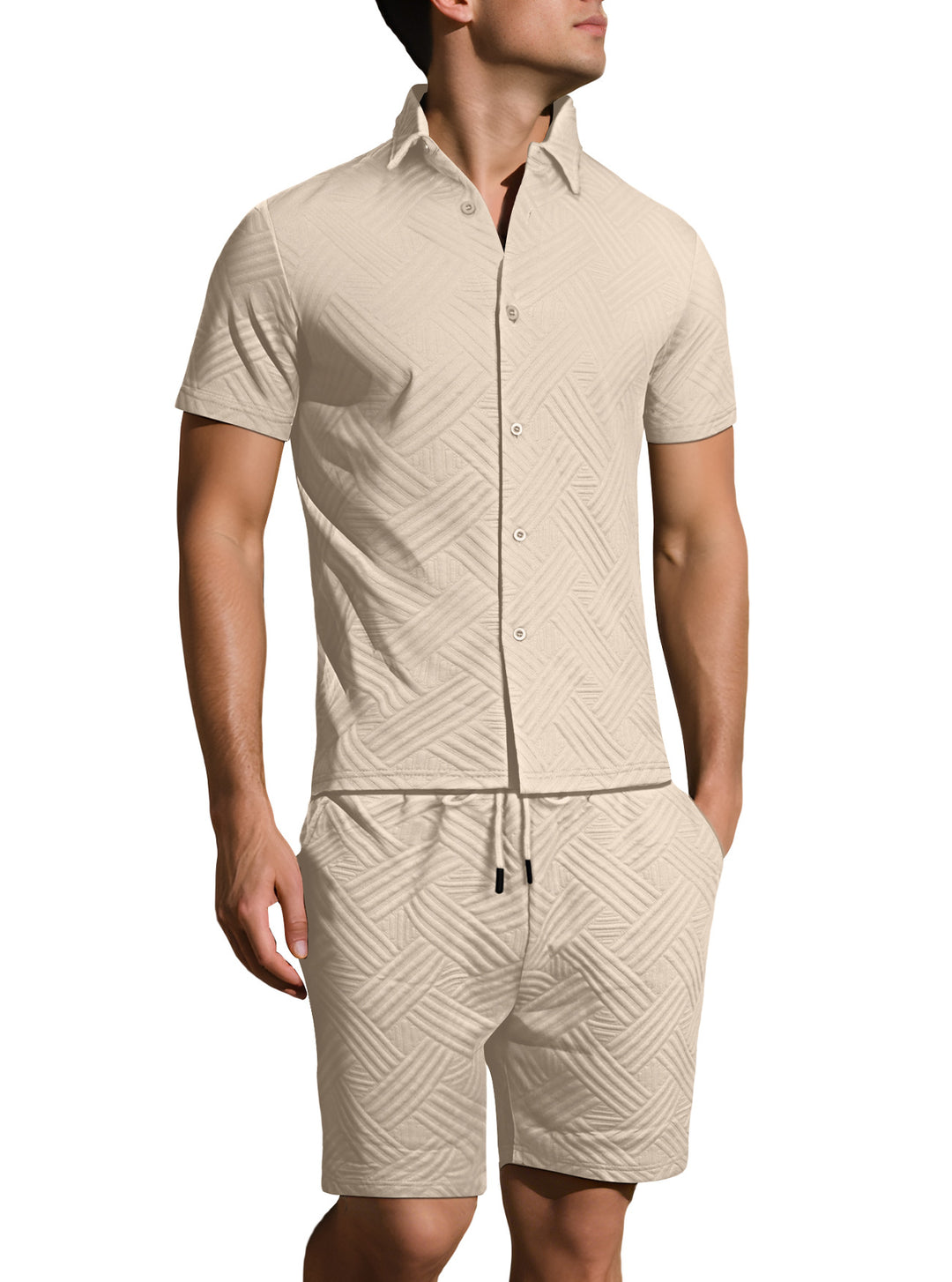 Men's lightweight short-sleeve shirt and Bermuda two-piece set with embossed woven texture and drawstring waistband StylebySassy