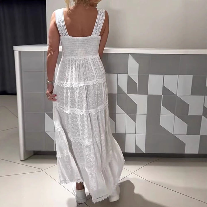 Women’s sleeveless Boho lace layered maxi dress with V-neck and empire waist StylebySassy